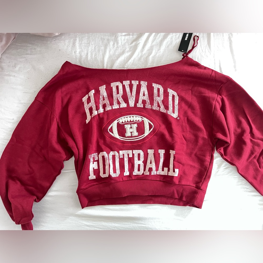 FashionNova Off-the-Shoulder Harvard Football Sweatshirt - Red